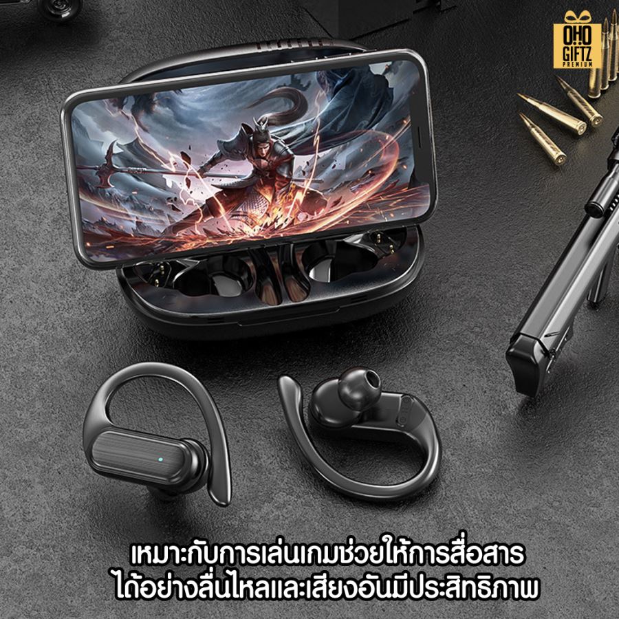 หูฟัง bluetooth ไร้สายแบบคล้องหู in ear พร้อมกล่องชาร์จ สกรีนชื่อ สกรีนโลโก้ ทำเป็นของพรีเมี่ยมได้ 