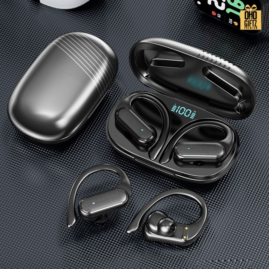 หูฟัง bluetooth ไร้สายแบบคล้องหู in ear พร้อมกล่องชาร์จ สกรีนชื่อ สกรีนโลโก้ ทำเป็นของพรีเมี่ยมได้ 