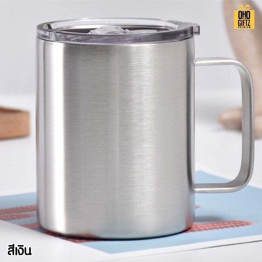 แก้วสแตนเลสมีหู สกรีนโลโก้ ทำเป็นของพรีเมี่ยมได้