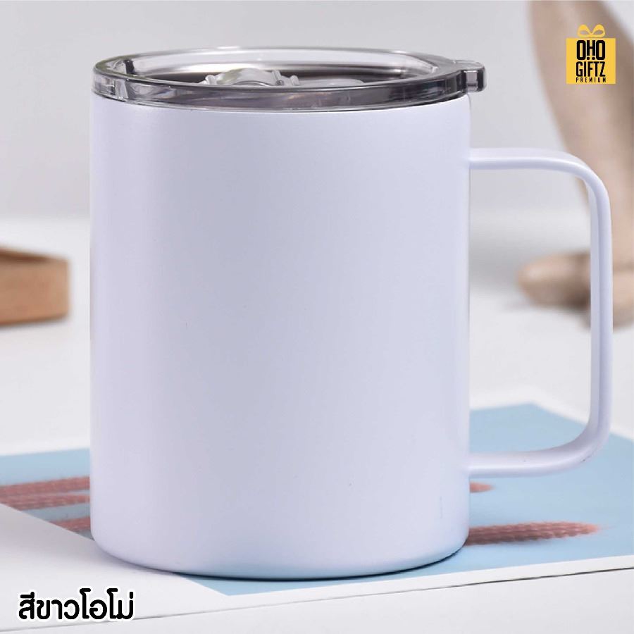 แก้วสแตนเลสมีหู สกรีนโลโก้ ทำเป็นของพรีเมี่ยมได้