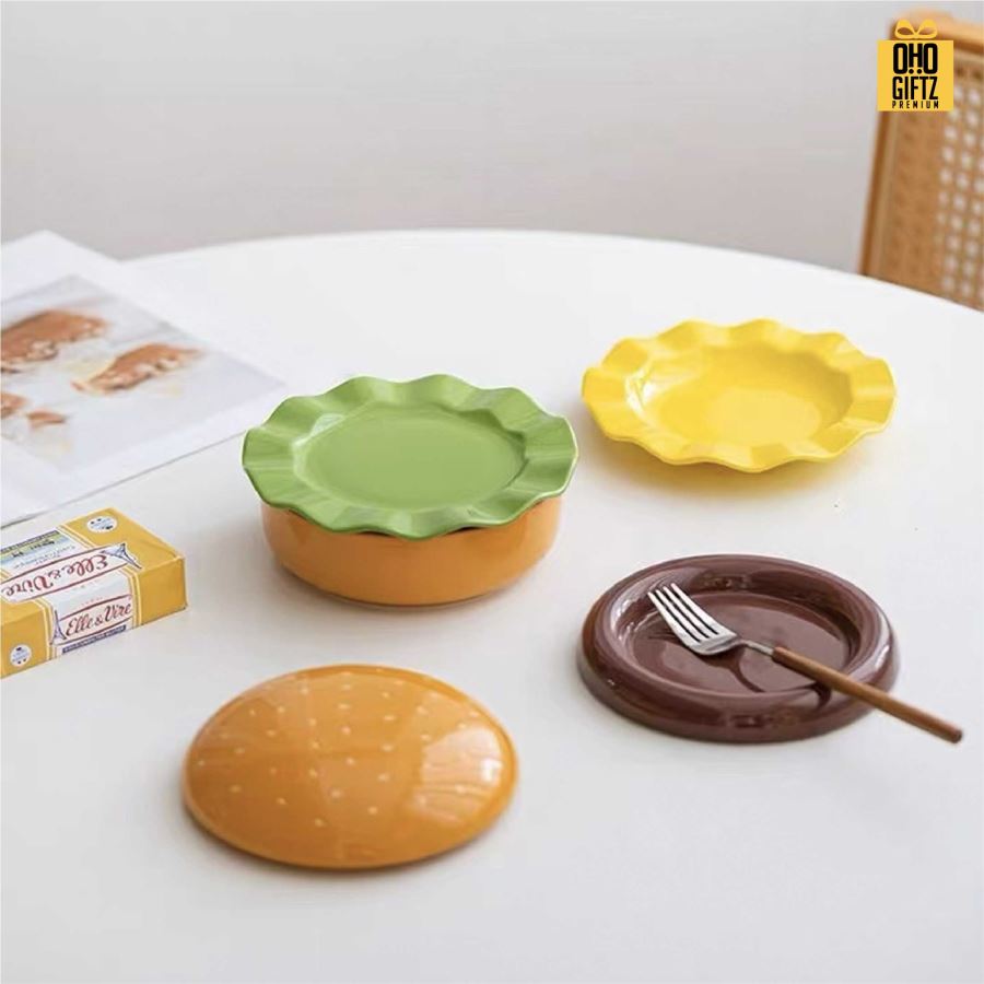 ชุดจานชามเซรามิกแฮมเบอร์เกอร์ สกรีนโลโก้ทำเป็นของพรีเมี่ยมได้