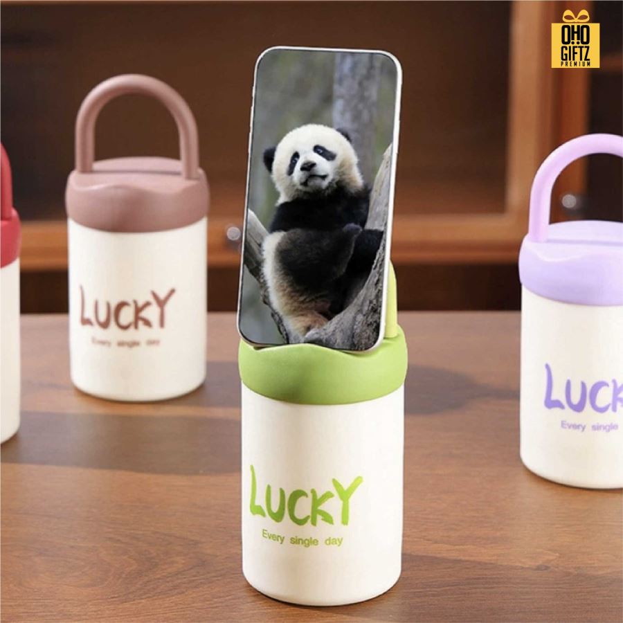 กระบอกน้ำพลาสติกมีหูจับมีที่วางมือถือ สกรีนโลโก้ ทำเป็นของพรีเมี่ยมได้