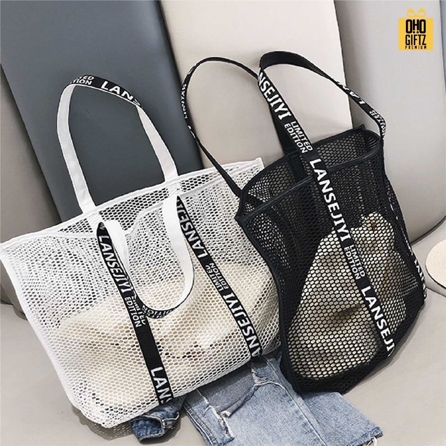 กระเป๋าตาข่ายชายหาด สกรีนโลโก้ ทำเป็นของพรีเมี่ยมได้