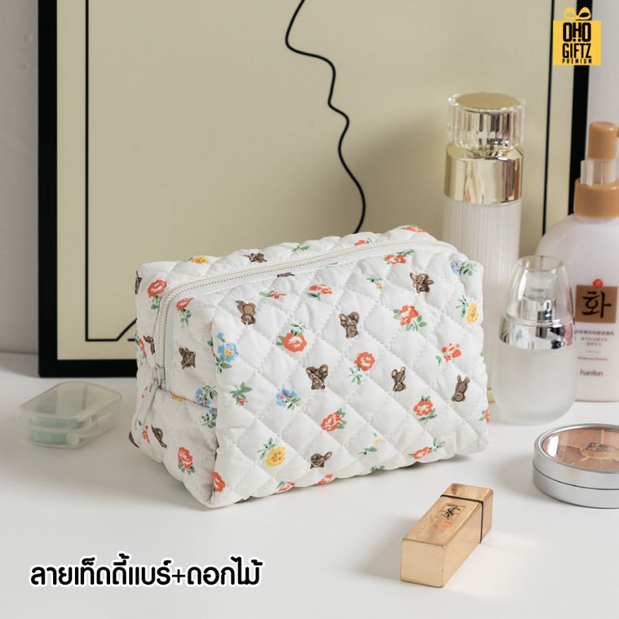 กระเป๋าใส่เครื่องสำอางผ้า cotton ลายดอกไม้ สกรีนโลโก้  ทำเป็นของพรีเมี่ยมได้