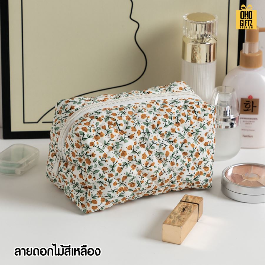 กระเป๋าใส่เครื่องสำอางผ้า cotton ลายดอกไม้ สกรีนโลโก้  ทำเป็นของพรีเมี่ยมได้