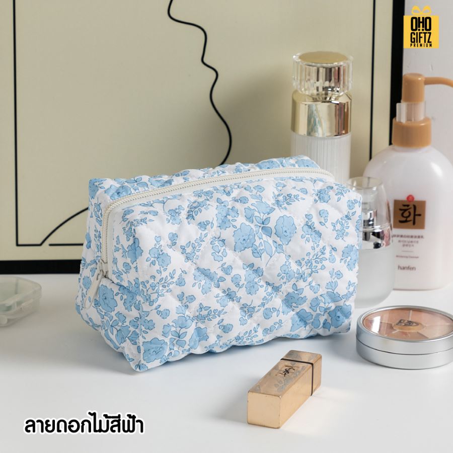กระเป๋าใส่เครื่องสำอางผ้า cotton ลายดอกไม้ สกรีนโลโก้  ทำเป็นของพรีเมี่ยมได้