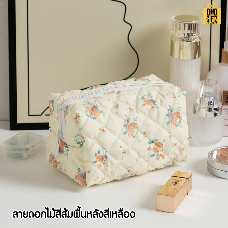 กระเป๋าใส่เครื่องสำอางผ้า cotton ลายดอกไม้ สกรีนโลโก้  ทำเป็นของพรีเมี่ยมได้