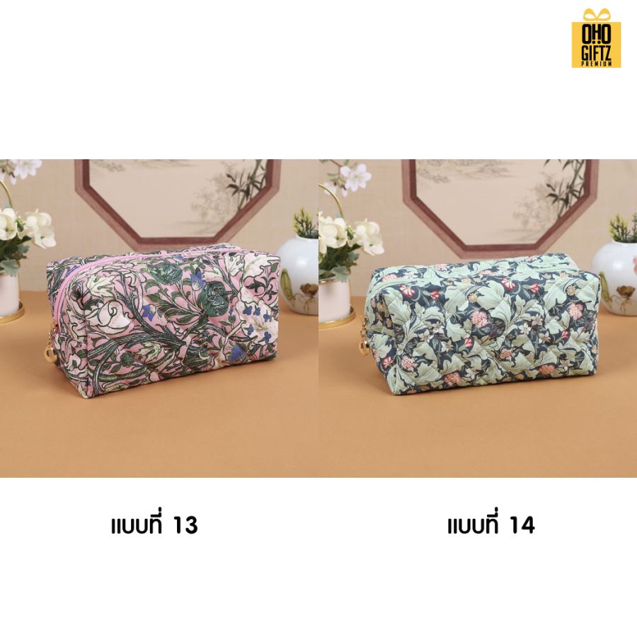กระเป๋าผ้าใส่เครื่องสำอางลายดอกไม้ สกรีนโลโก้  ทำเป็นของพรีเมี่ยมได้