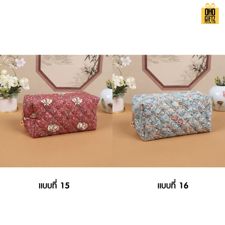 กระเป๋าผ้าใส่เครื่องสำอางลายดอกไม้ สกรีนโลโก้  ทำเป็นของพรีเมี่ยมได้