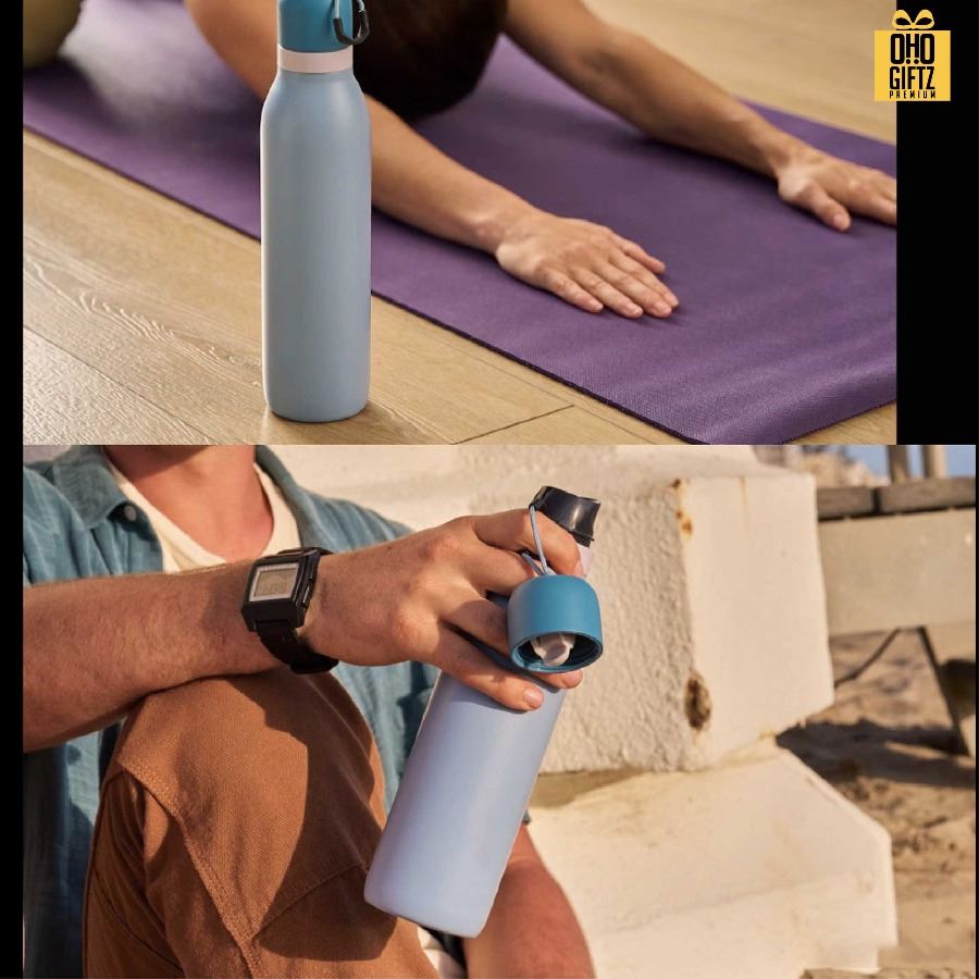 ขวดสแตนเลสมีฝาปิด 2 ชั้น สกรีนโลโก้ ทำเป็นของพรีเมี่ยมได้