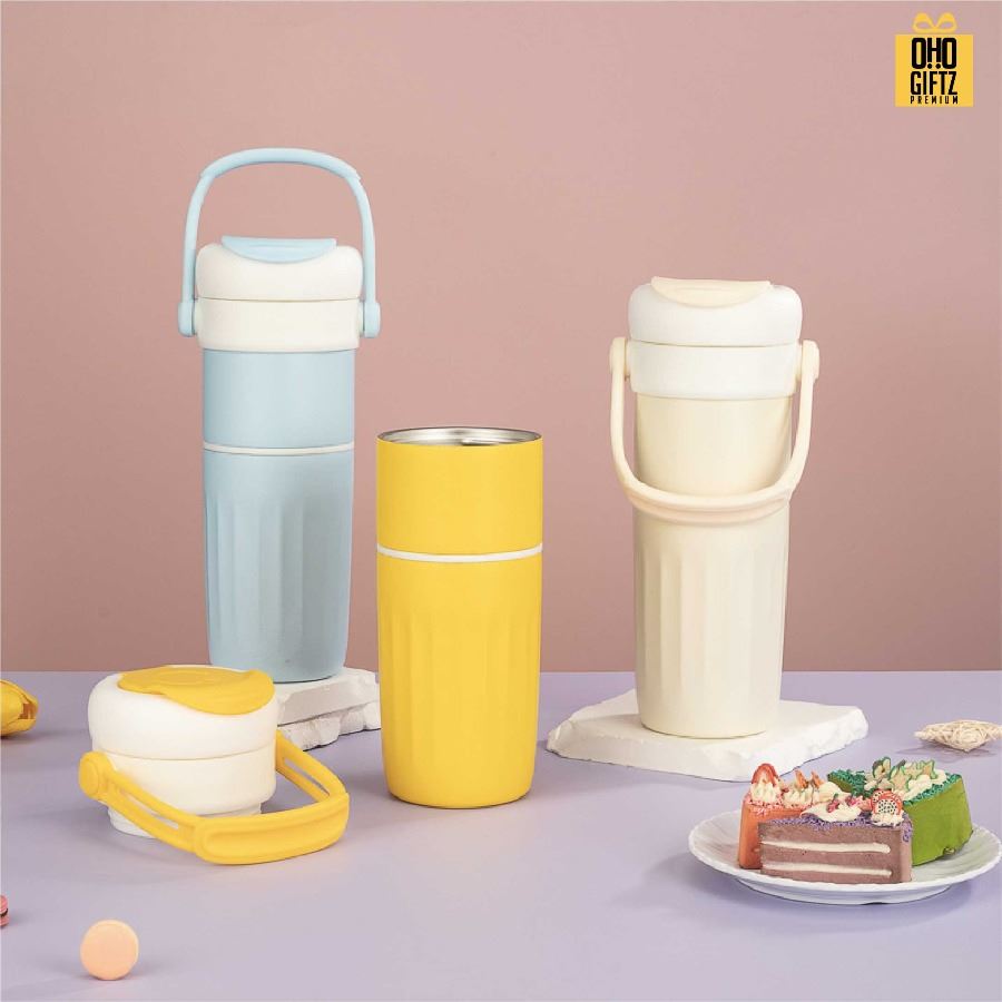 กระบอกสแตนเลส 2 ชั้น หมุนเป็นถ้วยเพิ่มได้ สกรีนโลโก้ ทำเป็นของพรีเมี่ยมได้