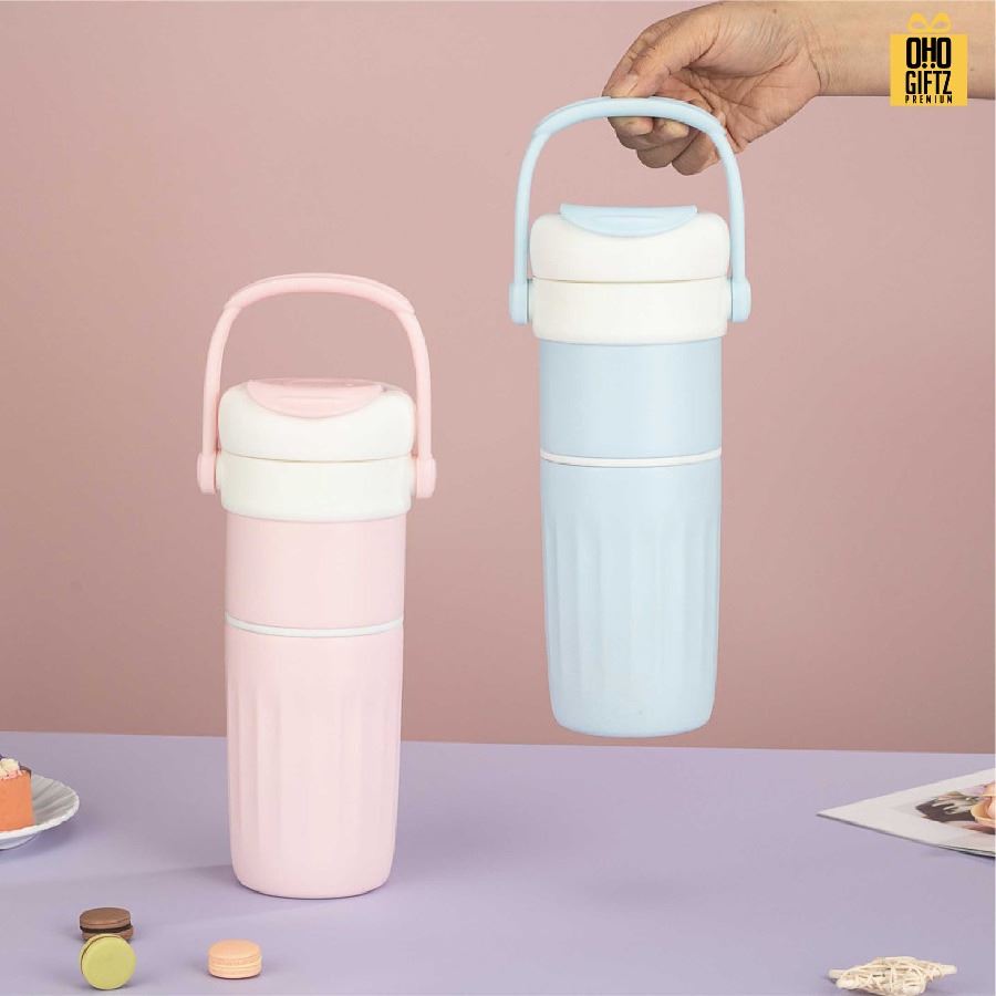 กระบอกสแตนเลส 2 ชั้น หมุนเป็นถ้วยเพิ่มได้ สกรีนโลโก้ ทำเป็นของพรีเมี่ยมได้