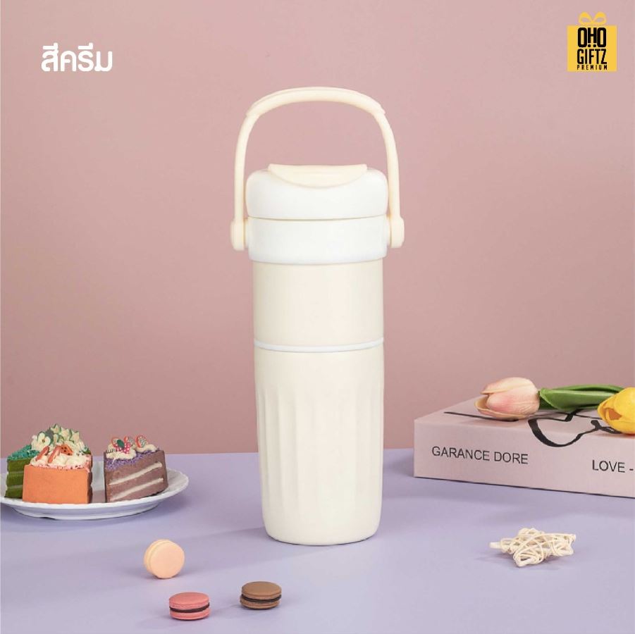 กระบอกสแตนเลส 2 ชั้น หมุนเป็นถ้วยเพิ่มได้ สกรีนโลโก้ ทำเป็นของพรีเมี่ยมได้