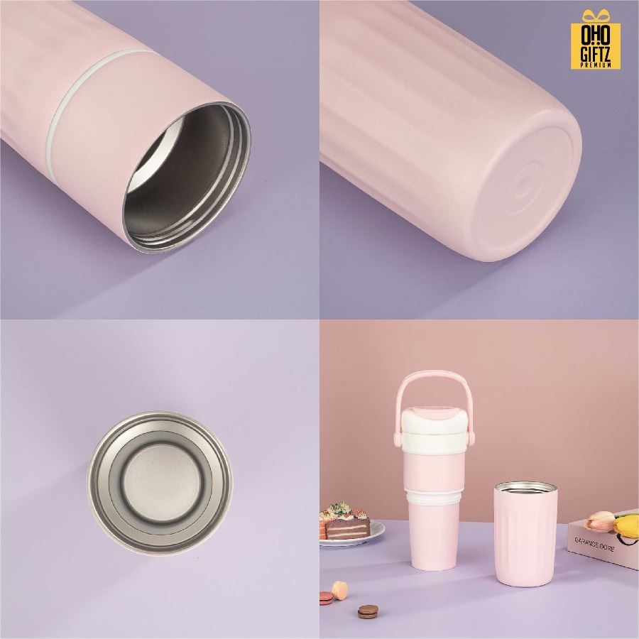 กระบอกสแตนเลส 2 ชั้น หมุนเป็นถ้วยเพิ่มได้ สกรีนโลโก้ ทำเป็นของพรีเมี่ยมได้