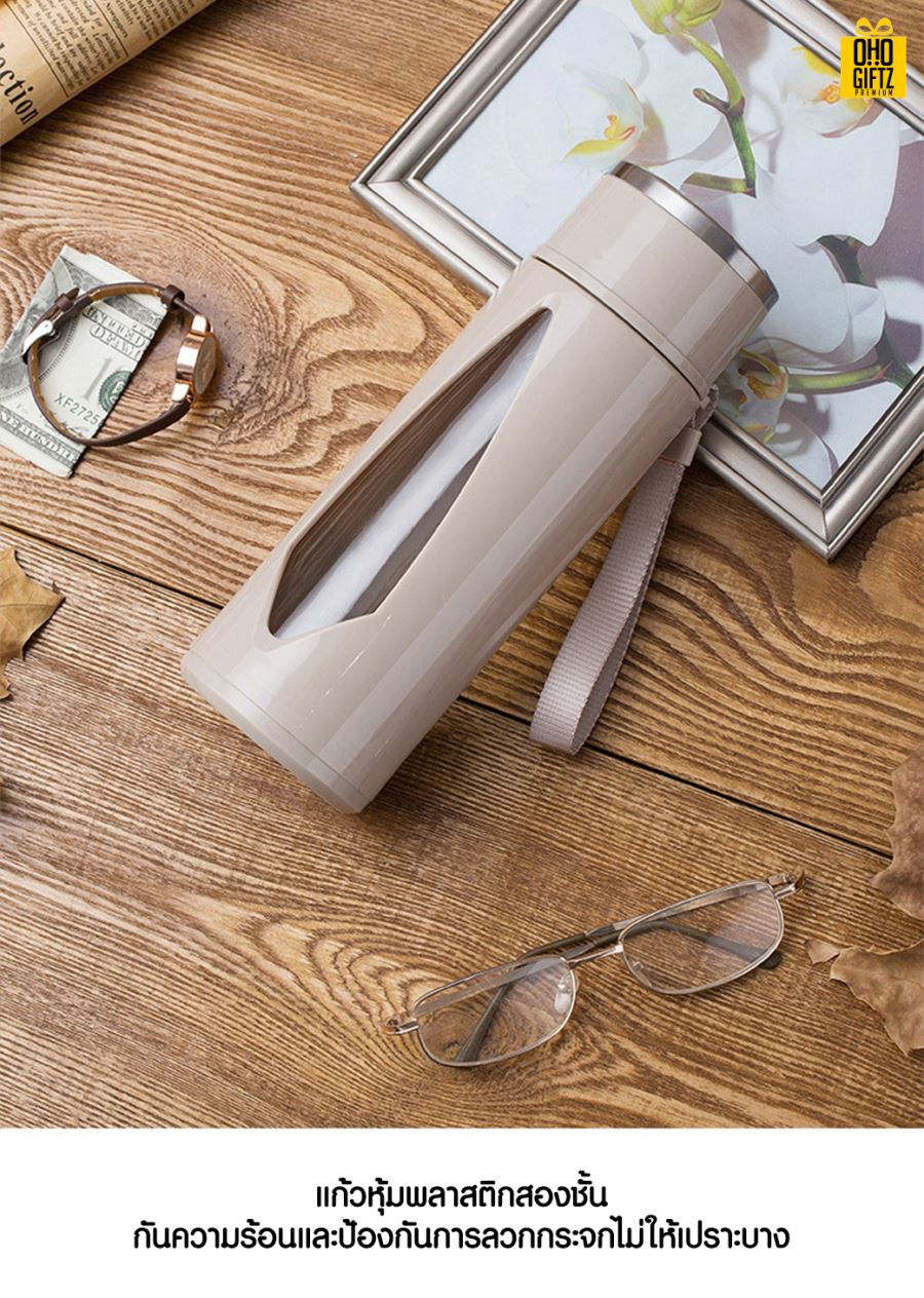 กระบอกแก้วมีหูหิ้ว สกรีนชื่อ เลเซอร์โลโก้ฟรี  ทำเป็นของพรีเมี่ยมได้