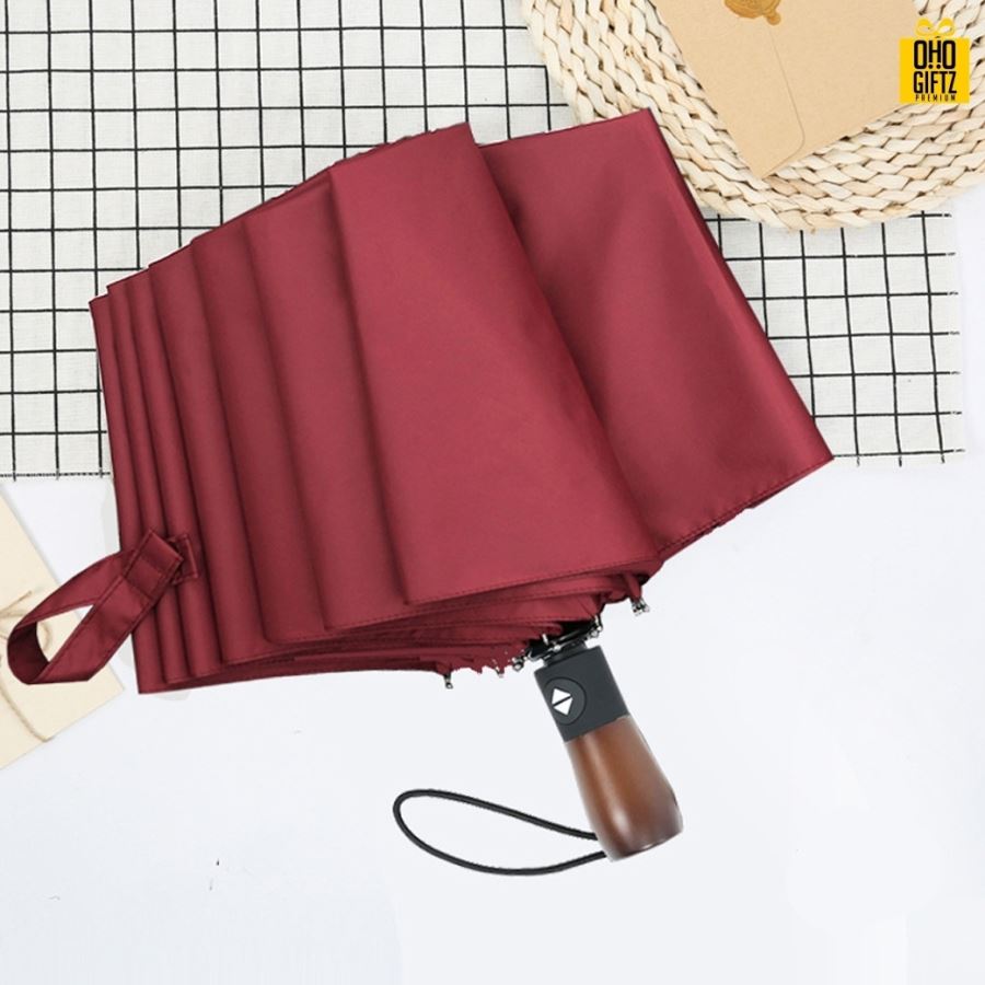 ร่มพับอัตโนมัติด้ามไม้ สไตล์วินเทจ สกรีนโลโก้ ทำเป็นสินค้าพรีเมี่ยม ของชำร่วย