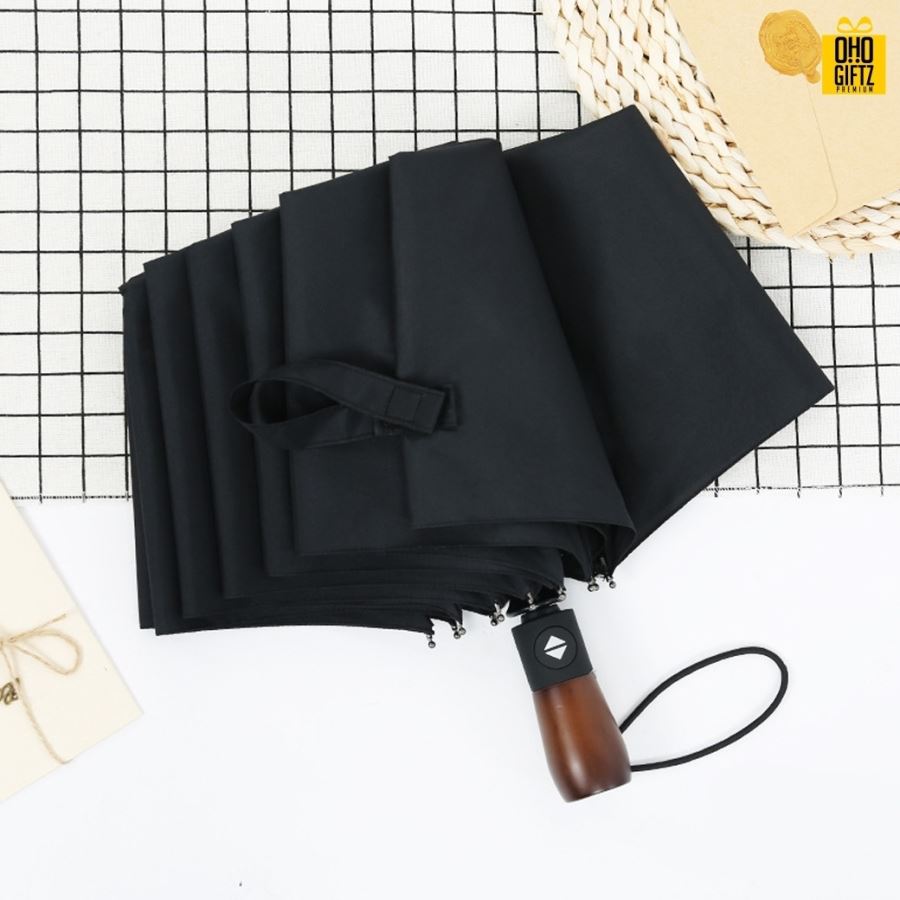 ร่มพับอัตโนมัติด้ามไม้ สไตล์วินเทจ สกรีนโลโก้ ทำเป็นสินค้าพรีเมี่ยม ของชำร่วย