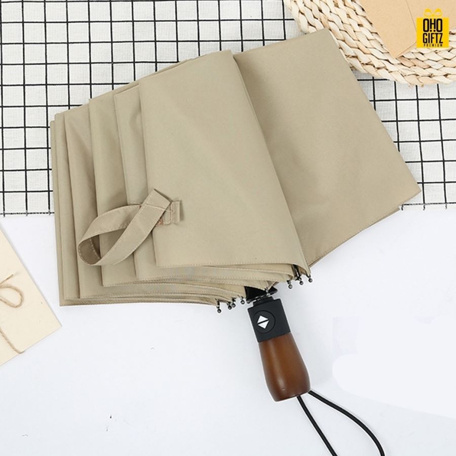 ร่มพับอัตโนมัติด้ามไม้ สไตล์วินเทจ สกรีนโลโก้ ทำเป็นสินค้าพรีเมี่ยม ของชำร่วย