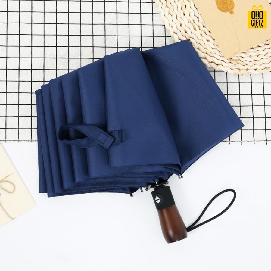 ร่มพับอัตโนมัติด้ามไม้ สไตล์วินเทจ สกรีนโลโก้ ทำเป็นสินค้าพรีเมี่ยม ของชำร่วย