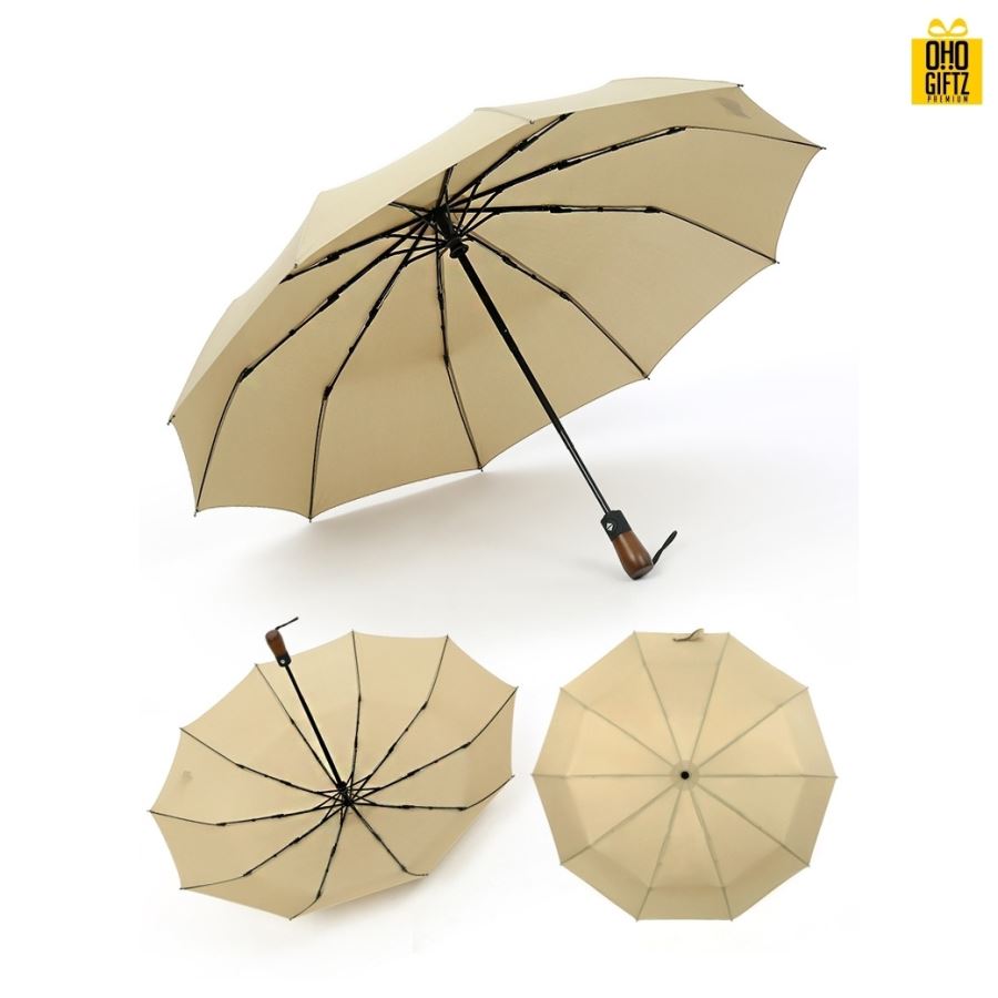 ร่มพับอัตโนมัติด้ามไม้ สไตล์วินเทจ สกรีนโลโก้ ทำเป็นสินค้าพรีเมี่ยม ของชำร่วย