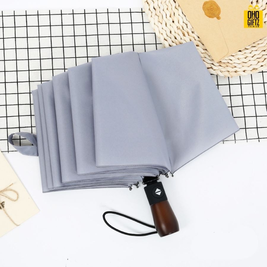 ร่มพับอัตโนมัติด้ามไม้ สไตล์วินเทจ สกรีนโลโก้ ทำเป็นสินค้าพรีเมี่ยม ของชำร่วย