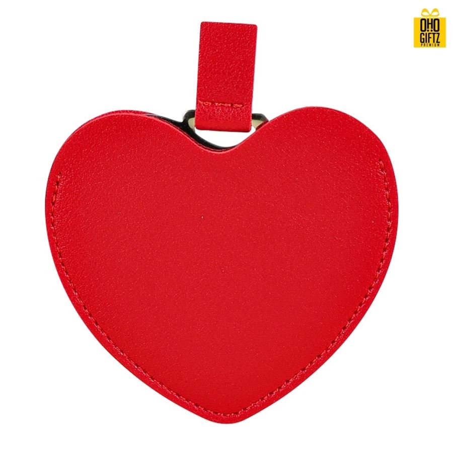 กระจกสแตนเลสรูปหัวใจซองหนัง สกรีนชื่อ สกรีนโลโก้  ทำเป็นของพรีเมี่ยมได้