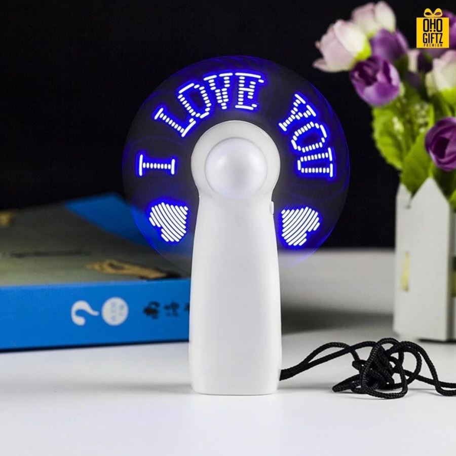 พัดลมมือถือข้อความไฟ LED สกรีนโลโก้ ทำเป็นของพรีเมี่ยม