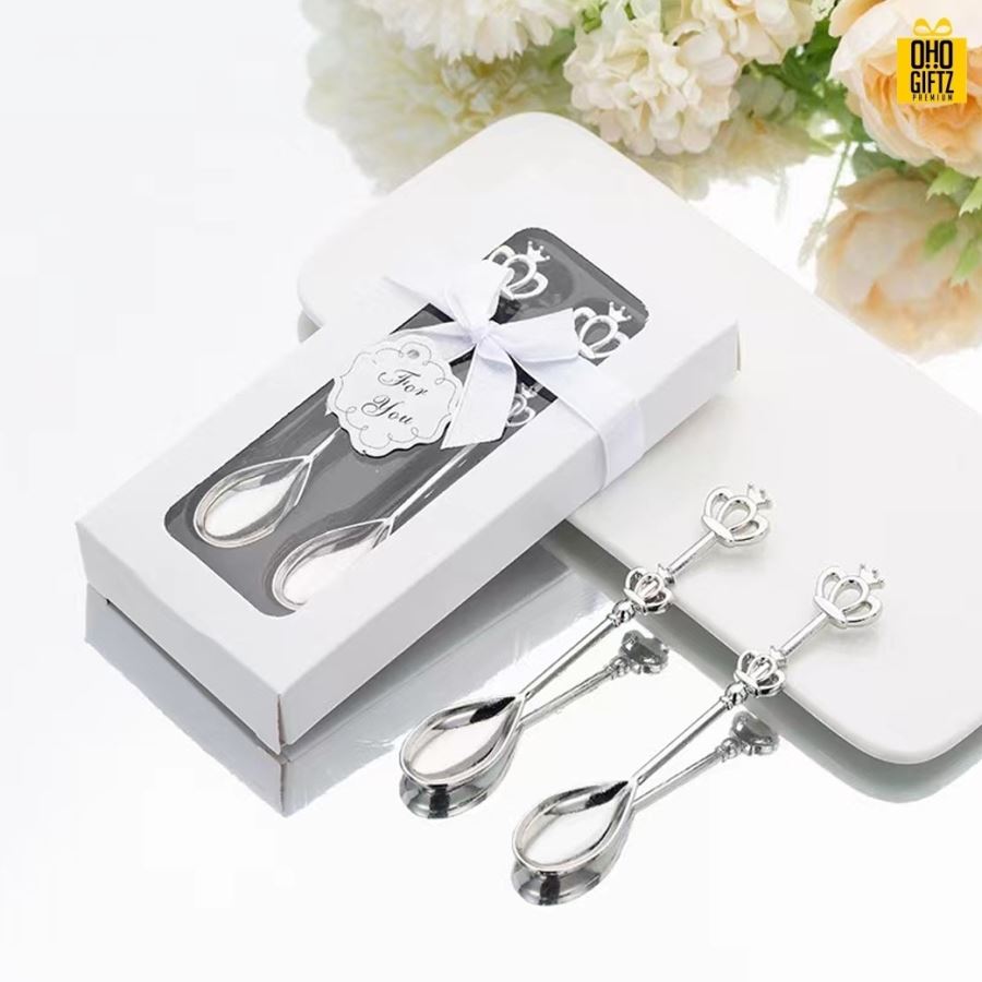 ช้อนกาแฟโลหะมงกุฎเงินทอง  พิมพ์สติกเกอร์ชื่อฟรี ทำเป็นของพรีเมี่ยม ของชำร่วยงานเเต่งงานได้