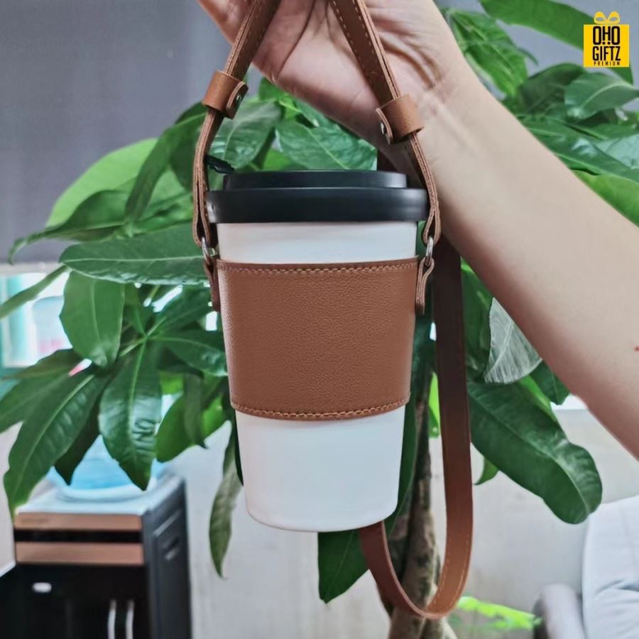 ปลอกหุ้มแก้วสายยาวหนังPU สกรีนโลโก้ ทำเป็นของพรีเมี่ยม