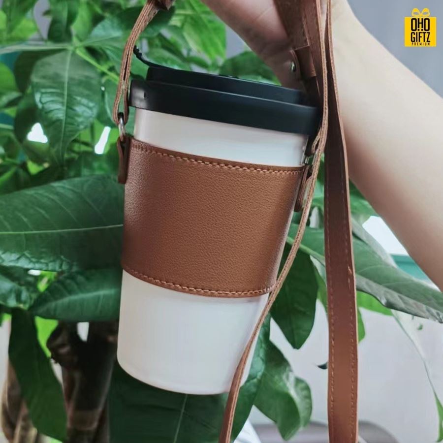 ปลอกหุ้มแก้วสายยาวหนังPU สกรีนโลโก้ ทำเป็นของพรีเมี่ยม