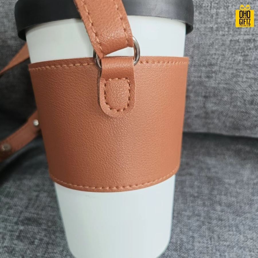 ปลอกหุ้มแก้วสายยาวหนังPU สกรีนโลโก้ ทำเป็นของพรีเมี่ยม