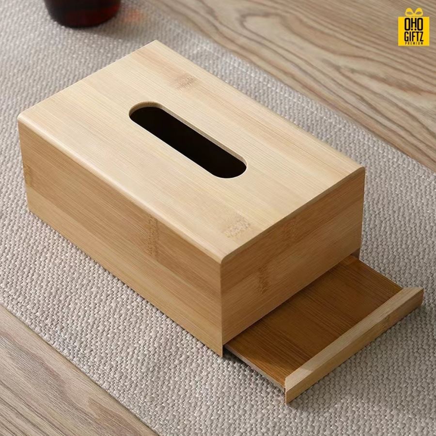 กล่องไม้ใส่กระดาษทิชชู่ สกรีนโลโก้ ทำเป็นของพรีเมี่ยม ของชำร่วยได้