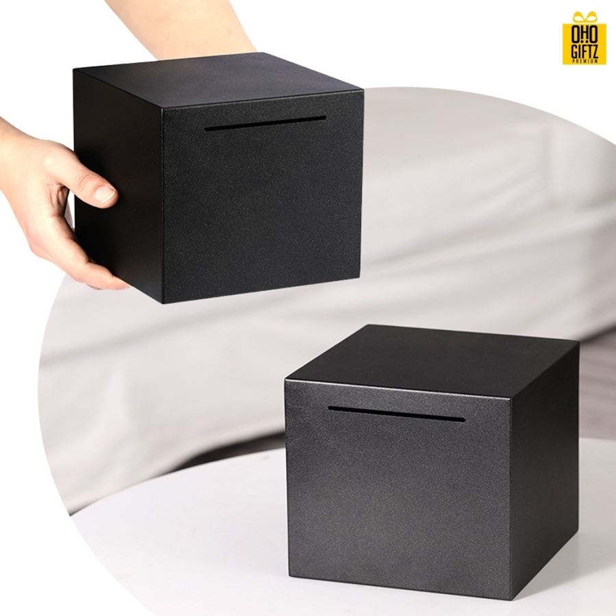 กระปุกออมสินสแตนเลสทรงสี่เหลี่ยม สกรีนโลโก้ ทำเป็นของพรีเมี่ยม ของชำร่วยได้