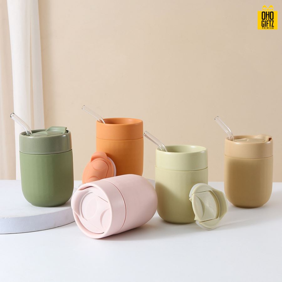 แก้วเซรามิกพร้อมฝาปิด สกรีนชื่อ สกรีนโลโก้ ทำเป็นของพรีเมี่ยมได้