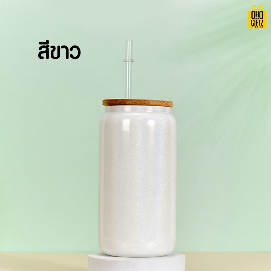 แก้วทรงกระป๋องฝาไม้พร้อมหลอด สกรีนชื่อ สกรีนโลโก้ ทำเป็นของพรีเมี่ยมได้