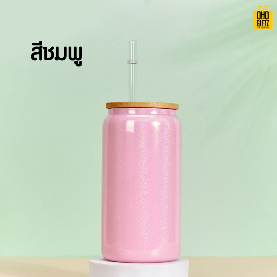 แก้วทรงกระป๋องฝาไม้พร้อมหลอด สกรีนชื่อ สกรีนโลโก้ ทำเป็นของพรีเมี่ยมได้