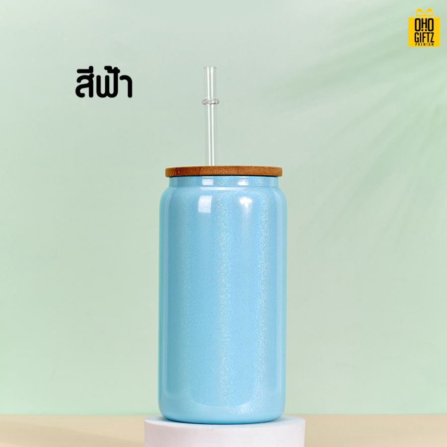 แก้วทรงกระป๋องฝาไม้พร้อมหลอด สกรีนชื่อ สกรีนโลโก้ ทำเป็นของพรีเมี่ยมได้