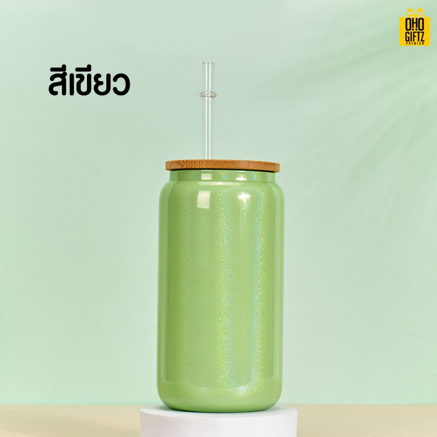 แก้วทรงกระป๋องฝาไม้พร้อมหลอด สกรีนชื่อ สกรีนโลโก้ ทำเป็นของพรีเมี่ยมได้