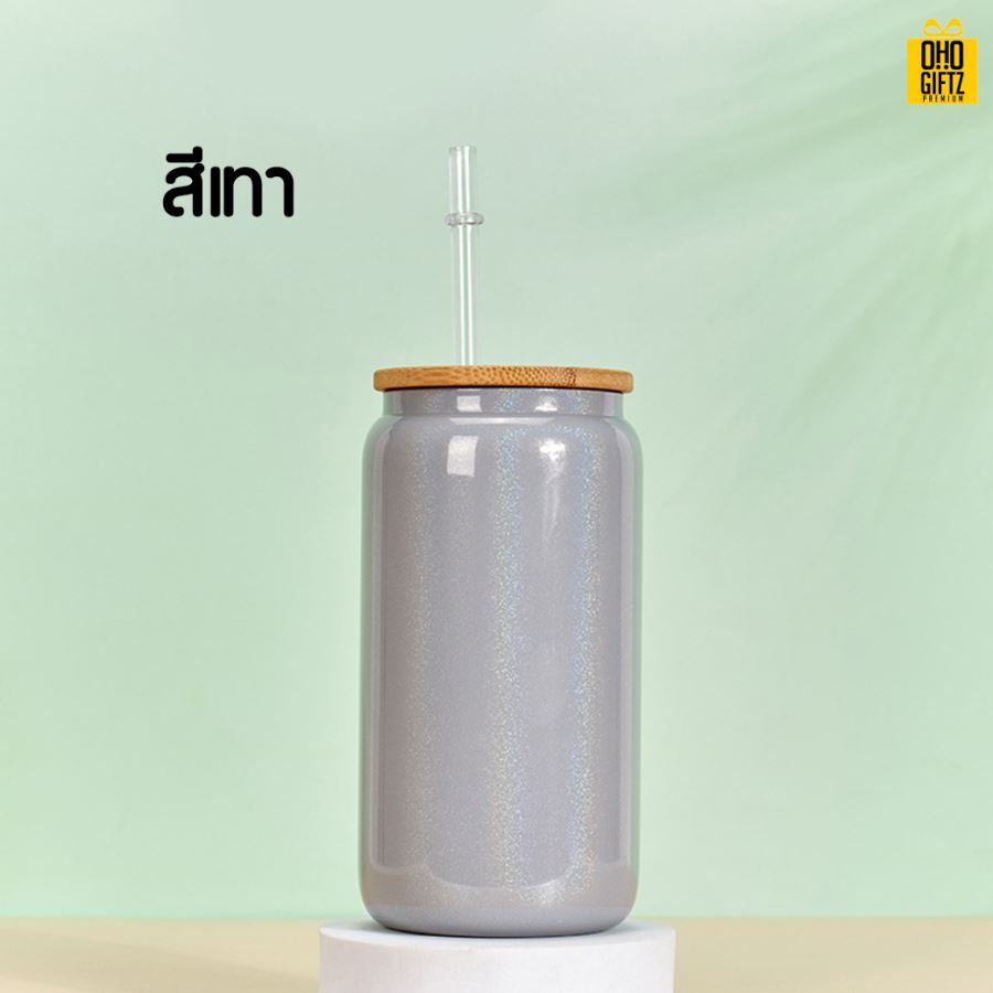 แก้วทรงกระป๋องฝาไม้พร้อมหลอด สกรีนชื่อ สกรีนโลโก้ ทำเป็นของพรีเมี่ยมได้