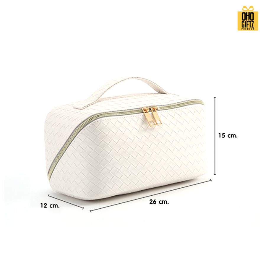 กระเป๋าเครื่องสำอาง หนังPUลายสาน สกรีนโลโก้ ทำเป็นของพรีเมี่ยม