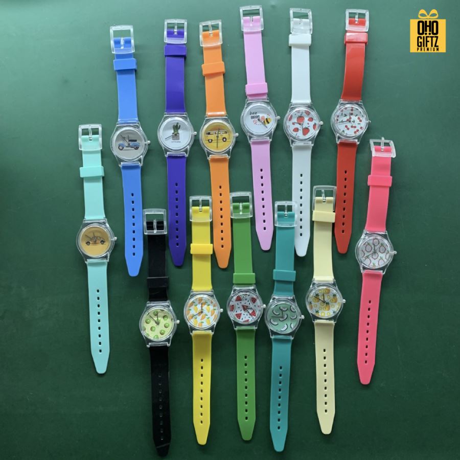 นาฬิกาข้อมือควอทซ์ สายพลาสติก สกรีนโลโก้ไม่จำกัดสี  ทำเป็นของพรีเมี่ยมได้ 