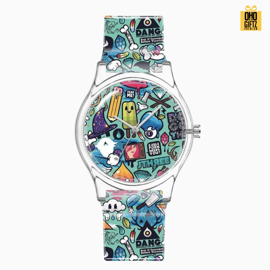 นาฬิกาข้อมือควอทซ์ สายพลาสติก สกรีนโลโก้ไม่จำกัดสี  ทำเป็นของพรีเมี่ยมได้ 