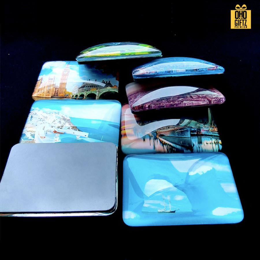 แม่เหล็กติดตู้เย็นเคลือบเรซิ่นทรงสี่เหลี่ยม รับผลิตพิมพ์ไม่จำกัดสี สกรีนโลโก้ ทำเป็นของพรีเมี่ยม ของชำร่วยได้