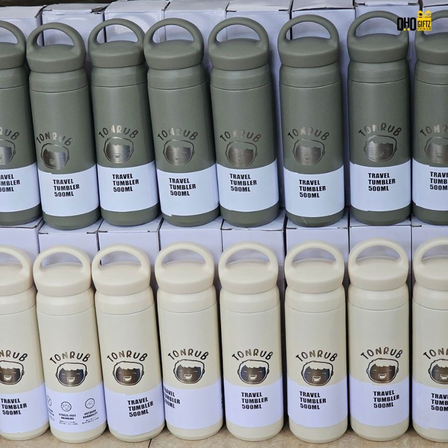 กระบอกน้ำสแตนเลส 304 รุ่นมีหูหิ้ว สกรีนโลโก้ ทำเป็นของพรีเมี่ยมได้