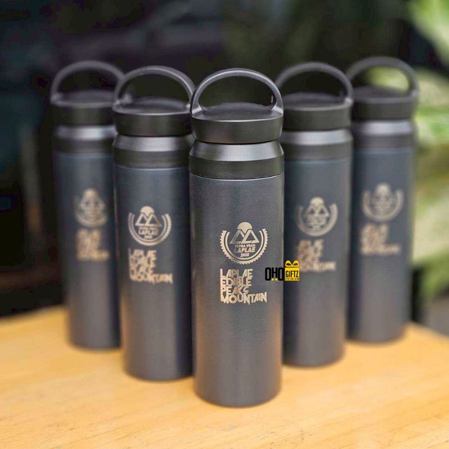 กระบอกน้ำสแตนเลส 304 รุ่นมีหูหิ้ว สกรีนโลโก้ ทำเป็นของพรีเมี่ยมได้