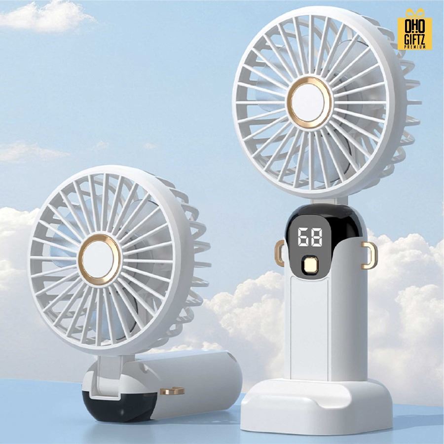 พัดลมมือถือพกพาตั้งได้ สกรีนโลโก้ ทำเป็นของพรีเมี่ยม