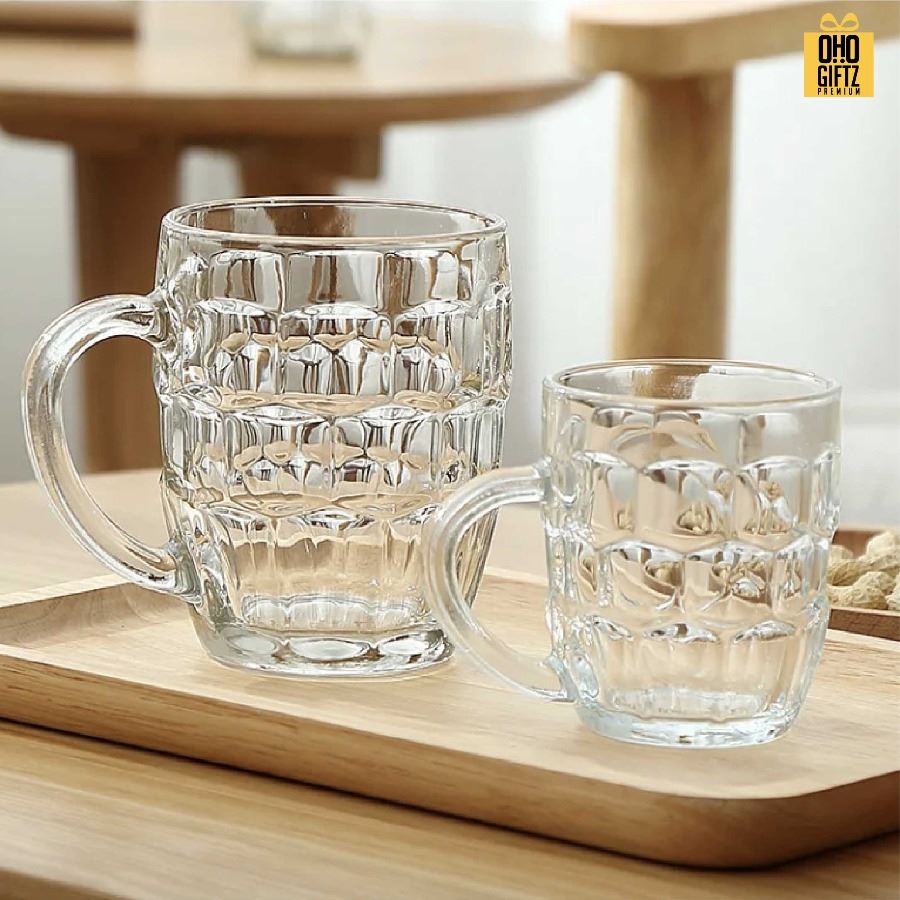 แก้วดื่ม Beer ใส มีหูจับ สกรีนชื่อ สกรีนโลโก้ ทำเป็นของพรีเมี่ยมได้