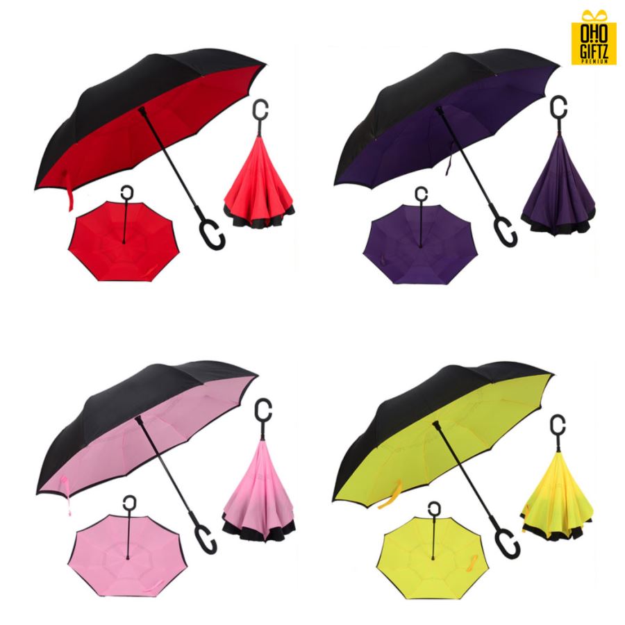 ร่มกลับด้านสองชั้นคล้องแขนได้ด้ามจับรูปตัว C สกรีนโลโก้ ทำเป็นสินค้าพรีเมี่ยม ของชำร่วย ของที่ระลึก
