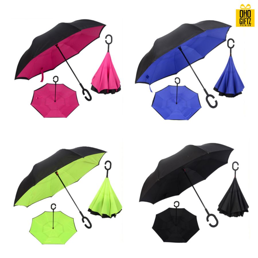 ร่มกลับด้านสองชั้นคล้องแขนได้ด้ามจับรูปตัว C สกรีนโลโก้ ทำเป็นสินค้าพรีเมี่ยม ของชำร่วย ของที่ระลึก