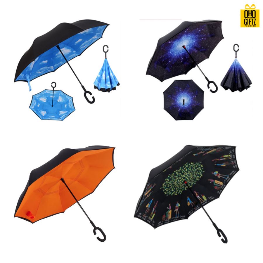 ร่มกลับด้านสองชั้นคล้องแขนได้ด้ามจับรูปตัว C สกรีนโลโก้ ทำเป็นสินค้าพรีเมี่ยม ของชำร่วย ของที่ระลึก